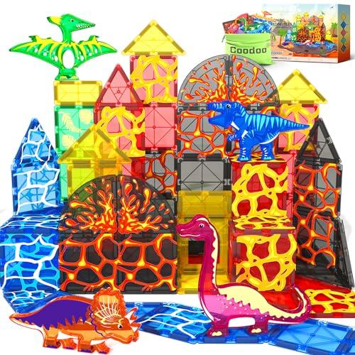 Dinosaur Toys Magnetic Tiles Lava Dinosaur World Set - Magnetic Blocks Building Toys for Kids 3-5 5-7 Girls Boys Toys Age 4-6 6-8, Classroom Must Haves Toddler Sensory Toys for 3+ Year Old Kids Toys