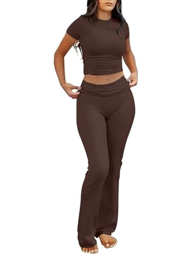 ANRABESS 2 Piece Lounge sets for Women Brown M | Crop Top & Foldover Flare Leggings, Yoga Workout Matching Sets, Comfy Stretchy, Trendy Y2k Clothes, Summer Wear Fall Layer