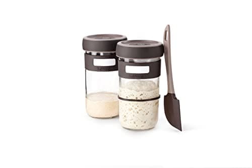 Lékué 6 Piece Sourdough Starter Kit | x2 Glass Jars, Spatula + Recipes | Make Sourdough Bread at Home | Platinum Silicone & Glass Vented Jars, Rise Trackers, Dishwasher Safe | Home Bread Baking