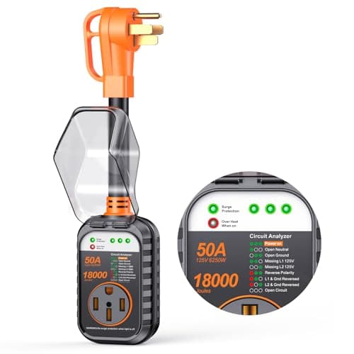 GEARGO 𝟑𝐫𝐝-𝐆𝐞𝐧 RV Surge Protector 50 Amp, Latest 18000J Surge Protection RV Circuit Analyzer, RV Adapter Plug for Camper with Waterpoof Cover, Plug and Play（Orange）