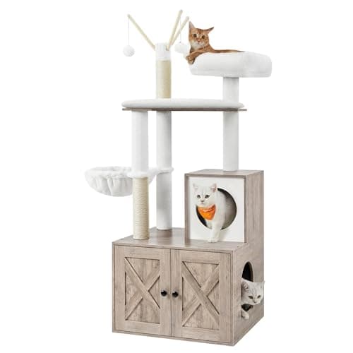 Feandrea Cat Tree with Litter Box Enclosure, 59-Inch, 2-in-1 Condo | Farmhouse Cat Tower with Scratching Posts, Washable Removable Cushion, Heather Greige, HAINS Collection UPCT113G01