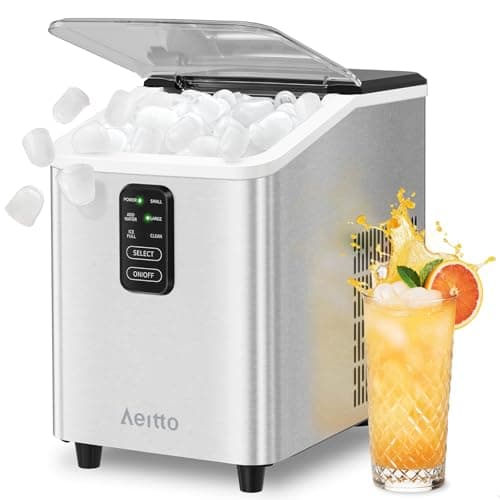 Aeitto Ice Maker Countertop 26lbs/24H Ice Makers Ready in 6-Min 8 Ice Cubes | 2 Sizes of Bullet Ice Portable Ice Machine with Basket/Scoop, Auto-Cleaning Energy-Saving for Home/Kitchen/Office Stainless