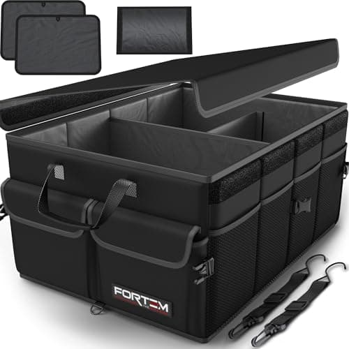 FORTEM Trunk Organizer - Foldable Car Organizer & Storage for SUVs & Trucks | Car Accessories for Men Women, Collapsible Bag, Non Slip Bottom, Straps, Soft Cover, 600D Oxford, Black, 3 Compartments, 65L