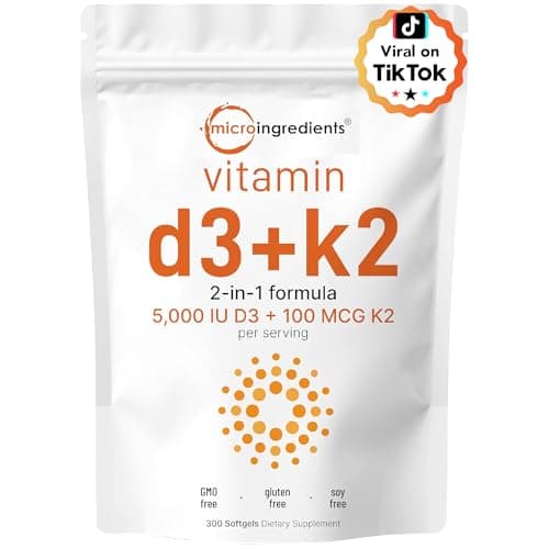 Micro Ingredients Vitamin D3 + K2 MK-7 5,000 IU Per Serving, 300 Softgels