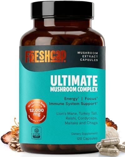 FreshCap Mushrooms Supplement, Ultimate Mushroom Complex, 120 Capsules | USDA Organic Mushrooms 12:1 Extract with 29% Beta-Glucans - 3rd-Party Tested Nootropic for Energy, Focus & Immune Support