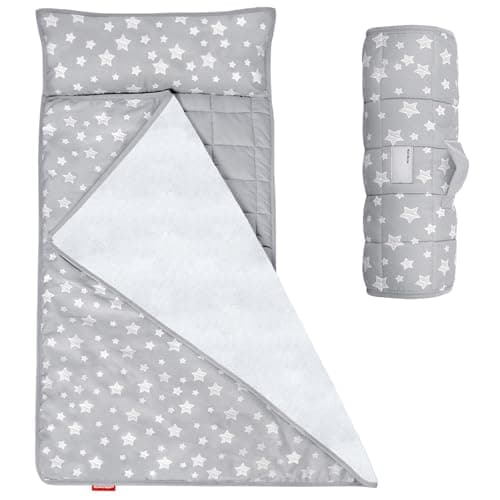 Moonsea Toddler Nap Mat with Pillow and Fleece Minky Blanket Grey | Lightweight and Soft Fit for Toddlers Preschool, Daycare, Travel Sleeping Bag for Girls, 21" x 50" Fit on a Standard Cot