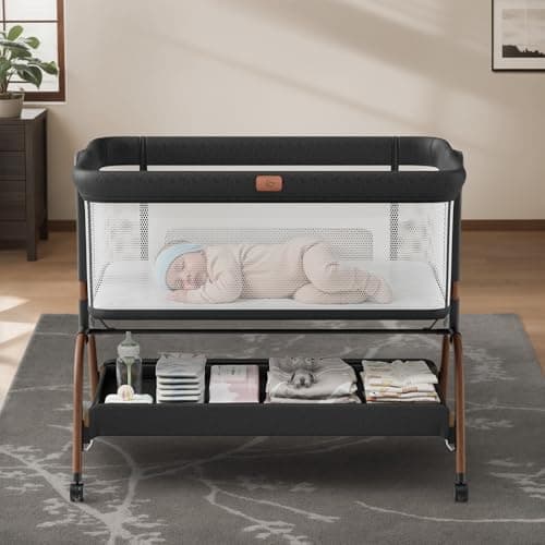 BabyBond Bassinet Bedside Crib, Stable and Secure Crib for Newborns, Black | 3-in-1 Baby Bassinet Bedside Sleeper with Mattress and Sheet, Anti-Reflux, Full-Mesh Sides, 6-Height Adjustable
