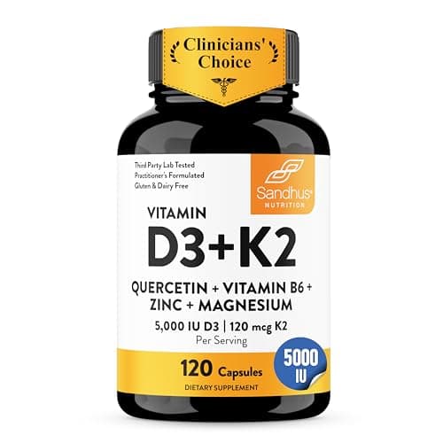 Vitamin D3 K2 5000 IU 120mcg Magnesium Zinc B6 Quercetin Capsules 120 Count | 6-in-1 D3+K2 Supplements Supports Bone, Immune, Energy And Muscle Health, Gluten-Free, 4-Month Supply, USA Made by Sandhu's