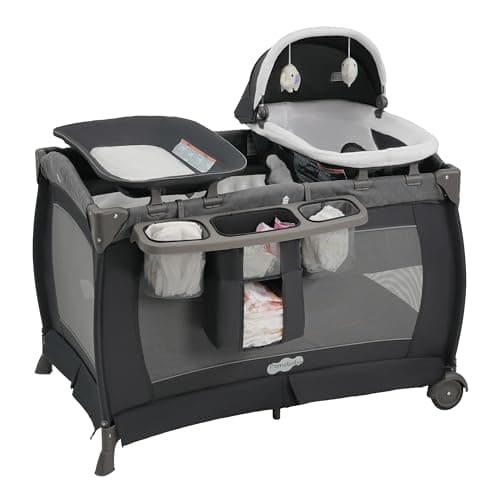 Pamo Babe Pack and Play 4-in-1 Baby Playard with Bassinet & Changing Table,Foldable Portable Playpen with Mattress,Travel Crib for Newborn to Toddler 0-36M-Grey