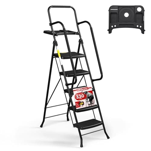 HBTower Step Ladder, Folding Step Stool with Wide Anti-Slip Pedal | Sturdy Steel Ladder, Convenient Handrail, Lightweight, Portable Steel Step Stool