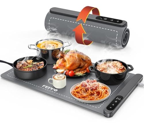 FEPPO Food Warming Mat - Kitchen Gadgets with Upgrade High-Tech Heating | Full-Surface Fast Heating, 6-Level Temperature Control, 6H Timer, 6H Auto Shutoff, Roll-Up Tray for Holiday Hosts