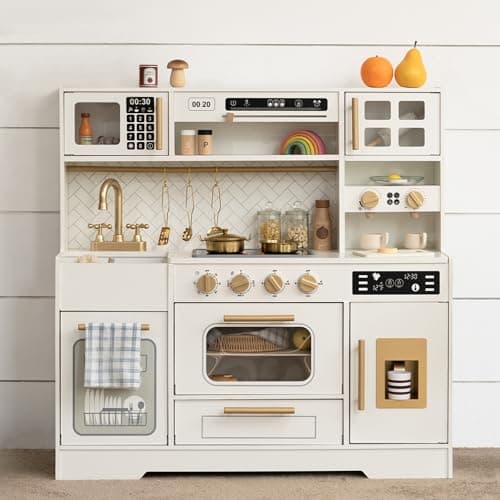 Wooden Play Kitchen for Kids with Real Lights and Sounds for Pretend Play