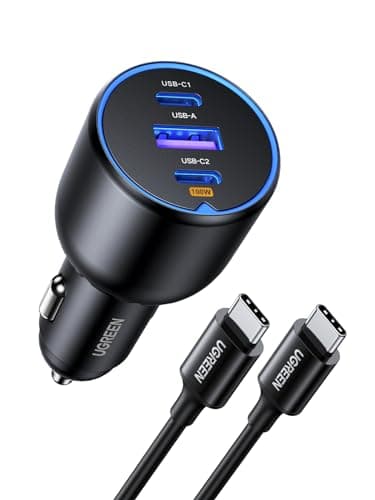 UGREEN 130W USB C Car Charger with Cable, Type C Cigarette Lighter Adapter | 2 USB-C 1 USB-A, For iPhone 17 16 15 14 13 12, Galaxy S26 S25 S24 Ultra, iPad, MacBook