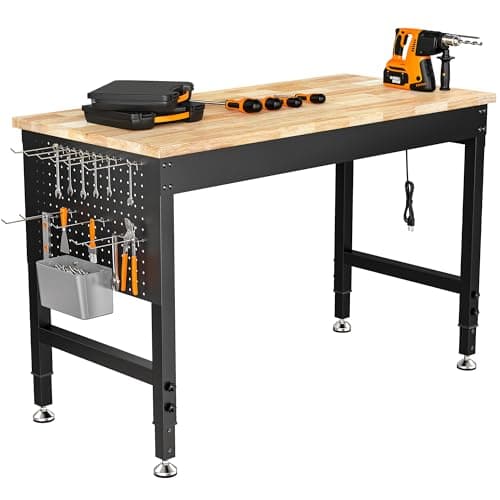 CAMMOO 48" Adjustable Workbench, 2000LBS Max Load, Pegboard & Power Strip | Rubberwood Tabletop, for Garage, Workshop, Home