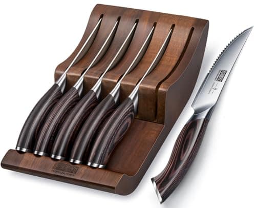 HOSHANHO Steak Knives Set of 6 with Block, 4.5 In Serrated Steak Knife Set | Multipurpose Japanese High Carbon Steel Kitchen Steak Knives with Ergonomic Handle, Ideal Gifts