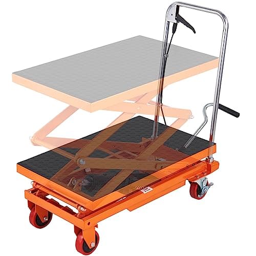 VEVOR Hydraulic Lift Table Cart, Orange, 50-Inch | 330 lbs Load Capacity, Manual Single Scissor Lift, Non-Slip Pad and 4 Wheels, Alloy Steel
