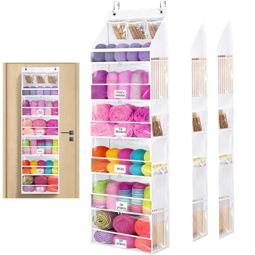 Large Capacity Hanging Yarn Storage Organizer with 6 Zipper Compartments with Labels and 8 Side Pockets, Crochet Yarn Organizer and Yarn Haven Storage Bag for Over The Door