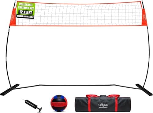 12FT Portable Volleyball Net Set with Height Adjustable Poles for Backyard | Indoor & Outdoor Freestanding Practice Net, PU Volley ball, Carry Bag, Easy Setup for Beach, Lawn, All Ages Training, Hitting
