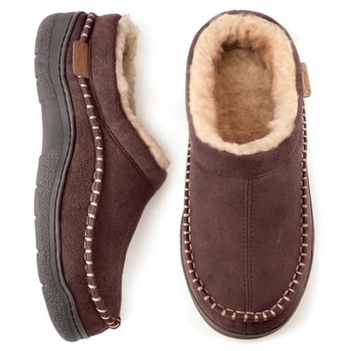 Zigzagger Men's Slip On Moccasin Slippers,Coffee, 11-12 | Birthday Gifts,Indoor/Outdoor, Warm Fuzzy Comfy, Fluffy Wide Loafer,Machine Washable,Hard Soled,Western