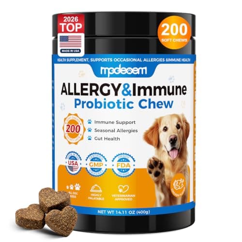 Dog Allergy Chews -(200 Ct)，Highly palatable，Helps relieve itchy skin and paw-licking behavior，Contains probiotics to support immune and gut health，Seasonal Allergy Formula, Skin & Coat Health，Chicken