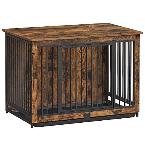Feandrea 38" Dog Crate Furniture, Heavy-Duty Dog Kennel Side End Table | Wooden Dog Cage for Large and Medium Dogs up to 70 lb, Double-Door Pet House with Removable Tray, Easy to Clean, Rustic Brown