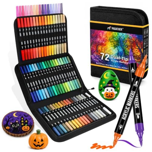 Pagather Acrylic Paint Markers, 72 Colors Dual Tip Fine & Brush Pens Set | For Rocks, Fabric, Wood, Glass & More, Perfect for DIY Crafts and Creative Art Projects with Bright, Smooth and Quick-Dry Ink