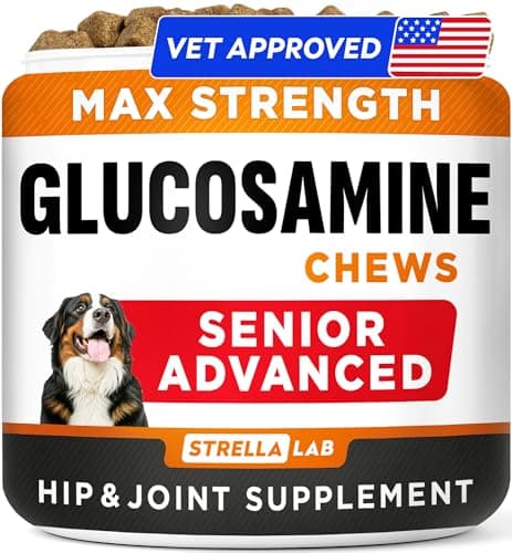 STRELLALAB Advanced Glucosamine for Senior Dogs, Chondroitin Joint Support | Max Strength Hip Joint Supplement for Dogs Mobility w/Omega-3 - Joint Pain Relief - Chewable Treats, All Breeds - (120Ct)