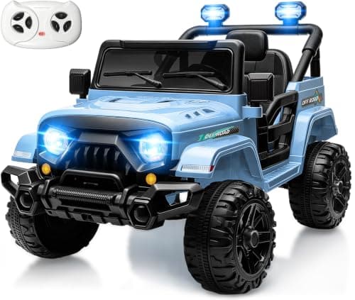 MINIATURE MOTORS 12V Kids Electric Ride on Truck Car Remote Control, Twin 35W Motors 3.5MPH Max Speed, Bluetooth Music Player, 4 Wheels Suspension LED Lights Safety Belt, Gift for Boys & Girls-Blue