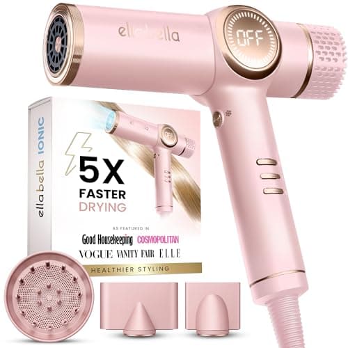 ELLA BELLA® Ionic Hair Dryer with Diffuser - Negative Ion Blow Dryer, Quiet | Professional-Grade Blow Dryer. Intelligent Heat Control & Rapid Drying, Lightweight, Low Noise, All Hair Types