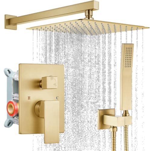 gotonovo Shower Faucet Set with Handheld Spray Brushed Gold,10'' Head | SUS304 Rainfall Shower Head and Handle Set System Fixture,Pressure Balance Valve Trim Kit,Single Handle,Wall Mount,All Metal