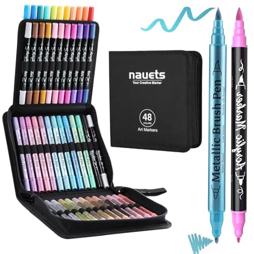 24 Metallic & 24 Acrylic Paint Markers Pens - Brush & Fine Dual Tip 48 Pack | For Rock, Wood, Fabric, Canvas, Glass, Scrapbook, Paper, Ceramic, Egg, Pumpkin & Halloween Crafts Supplies - Art Gifts