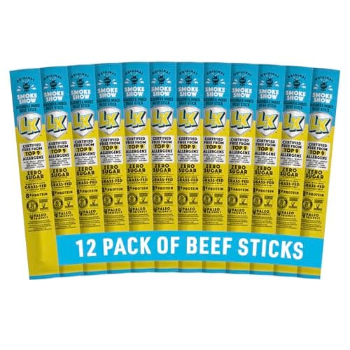 Lorissa's Kitchen Smoke Show Seasoned & Smoked Sticks - (Pack of 12) 1 oz | Meat Sticks - Ready to Eat Protein Snacks - Free from Top 9 Allergens - Made with Grass-Fed & Finished Beef - Zero Sugar Beef