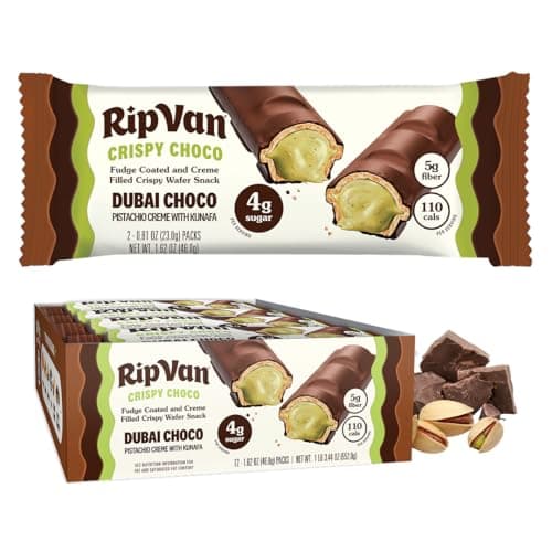 Rip Van Dubai Choco Bars – Healthy Snack with Creamy Pistachio & Toasted Kunafa – Dubai Choco Flavor – 4g Sugar, 5g Fiber – Guilt-Free Indulgence – 12 Pack
