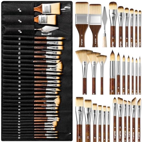 Nicpro 30pcs Paint Brush Set for Acrylic Painting, Oil, Watercolor, Gouache | Professional 9 Shapes No Shedding Synthetic Bristles with Palette Knife & Canvas Roll, Art Supplies for Artists and Beginners