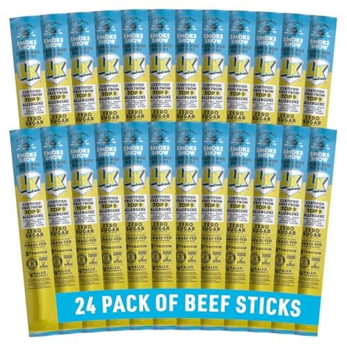 Lorissa's Kitchen Smoke Show Seasoned & Smoked Sticks - (Pack of 24) 1 oz | Meat Sticks - Ready to Eat Protein Snacks - Free from Top 9 Allergens - Made with Grass-Fed & Finished Beef - Zero Sugar Beef