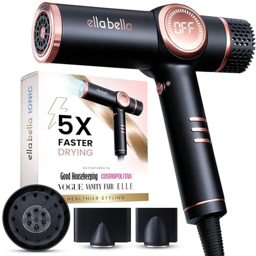 ELLA BELLA® Ionic Hair Dryer with Diffuser - Negative Ion Blow Dryer, Quiet | Professional-Grade Blow Dryer. Intelligent Heat Control & Rapid Drying, Lightweight, Low Noise, All Hair Types