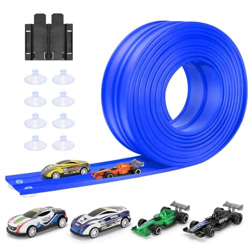 KETIEE Flex Tracks 16Ft for Kids: Flexible Race Car Ramp Track | with 4 Small Racecars and 8 Suction Cups,Compatible with Diecast 1/64th Cars,Rolls Up Portable Racetrack for Boy Girl Ages 3+