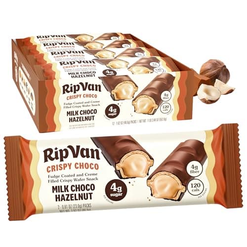 Rip Van Crispy Choco - Milk Choco Coated Hazelnut Wafer Bars - Low Sugar Fudge and Hazelnut Cream Filled Snack - 12 Pack