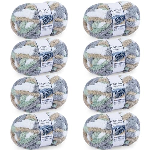 Cozyful Chunky Yarn for Hand Knitting - #10 Chunky Chenille Blanket Yarn, Jumbo Big Thick Chunky Yarns for Crocheting, Tie Dye Bulky Knit Yarns, 8 Skein (20 yds 8 oz Each Skein), Cream&Sage&Grey&Khaki