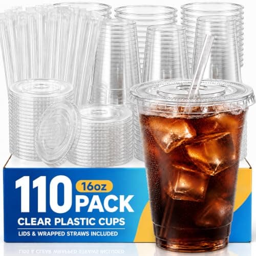 110 Pack 16 oz Disposable Clear Plastic Cups with Lids and Straws | To Go, BPA-Free, Heavy Duty, Leak-Resistant, Iced Coffee, Smoothie, Matcha, Juice, Cold Drink, Party, Office, Bulk