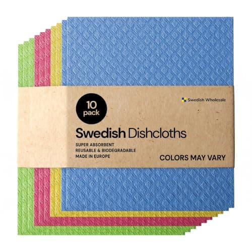 Swedish Wholesale Dishcloths Reusable 8" x 7" Sponge Cloths, Bulk 10 Pack of High Absorbent Cellulose Dish & Kitchen Cleaning Hand Towels, Wring to Dry & Machine Wash, Odor Resistant, Assorted Colors