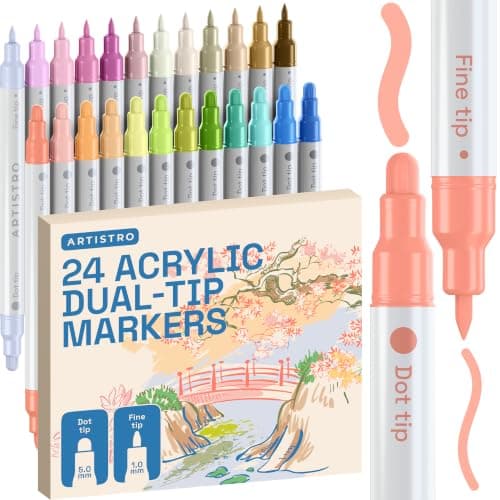 ARTISTRO 24 Pastel Dual-Tip Acrylic Paint Marker Pens | For Fabric, Rock, Glass, Wood, Coloring Book, Arts & Crafts Gift, Pumpkin Decorating Kit & Halloween Crafts (Dot & Fine Tips)