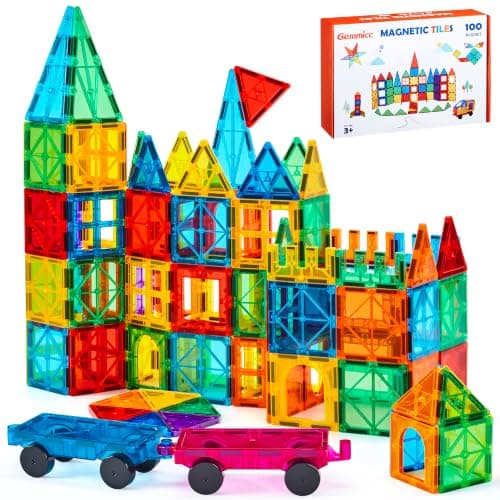 Gemmicc 100 PCS Magnetic Tiles with 2 Cars, Magnet Stacking Blocks Kids | Deluxe Kit,design for group activity,more pieces for class,home play