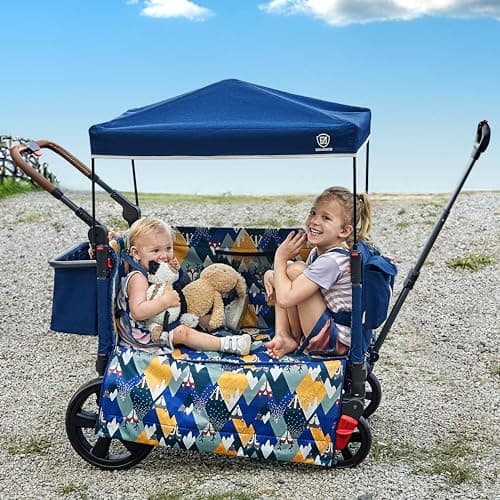 EVER ADVANCED Side-Unzip Wagon Stroller for 2 Kids, Push Pull Stroller with Adjustable Handle, Easy Access Zipper Door, 5-Point Harness, UV-Protection Canopy Shock-Absorbing Wheels, Fox Blue