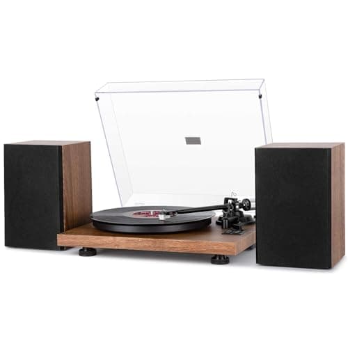 1 BY ONE Bluetooth Turntable HiFi System with 36 Watt Bookshelf Speakers | Patend Designed Vinyl Record Player with Magnetic Cartridge, Wireless Playback and Auto Off (Walnut)