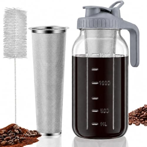 JunVpic Cold Brew Coffee Maker, 64 oz Glass Mason Pitcher | 100μm stainless steel filter, wide mouth design, leak-proof lid with handle, pour spout for iced coffee, tea and cold drinks