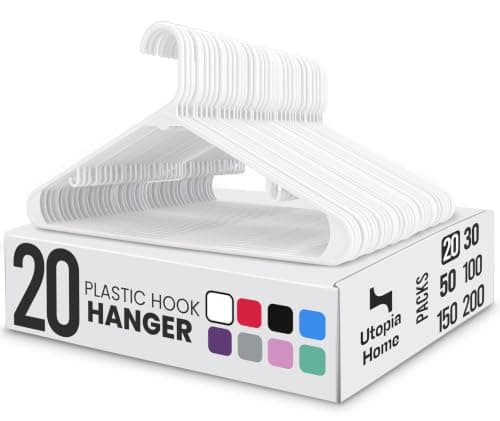 Utopia Home Plastic Hangers 20 Pack – Built-in Strap Hooks White | Space saving | Durable & strong | Closet organizer | Clothes hangers | Ideal for shirts, pants, skirts & coats