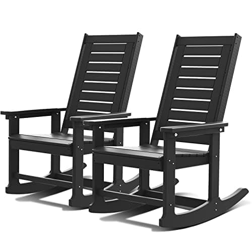 GREENVINES Oversized Outdoor Rocking Chairs Set of 2, HDPE Rocker, Black | 21.7" Wide Seat | All Weather | Plastic Porch Chair | High Ladder Back | Big & Tall | Heavy Duty | for Patio Balcony Deck