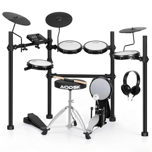 AODSK Electric Drum Set Quiet Mesh Pads,450 Sounds 40 Kits And Headphones | USB MIDI,Throne Sticks,10 "Cymbals And Kick Tower Kick Pad, Electronic Drum for Beginner UAED-403plus