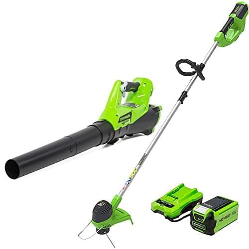 Greenworks 40V 12 in String Trimmer & 390 CFM Blower Combo, 2.0 Ah Battery | 12" Weed Wacker & 390 CFM Leaf Blower Combo, Auto Feed Line, Cruise Control Blower, Lightweight 40V Lawn Maintenance Set